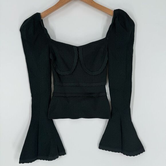 Self-Portrait Knit Scallop Edge Sweetheart Neck Bell Sleeve Top in Green | Small - Picture 3 of 9